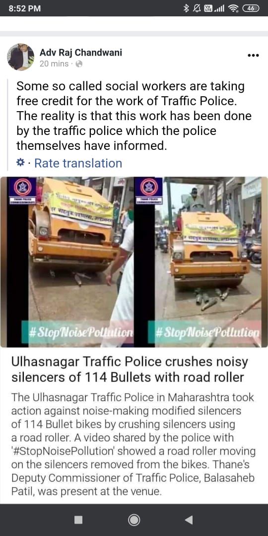 HiraliF's tweet photo. All thanks to @ThaneCityPolice of @DGPMaharashtra for crushing modified silencers of @royalenfield bikes who r one of the biggest source of #NoisePollution. Its was a year long tough job to run behind these bikes, note their numbers, then compile and report to Traffic Police. https://t.co/il9x84glHh