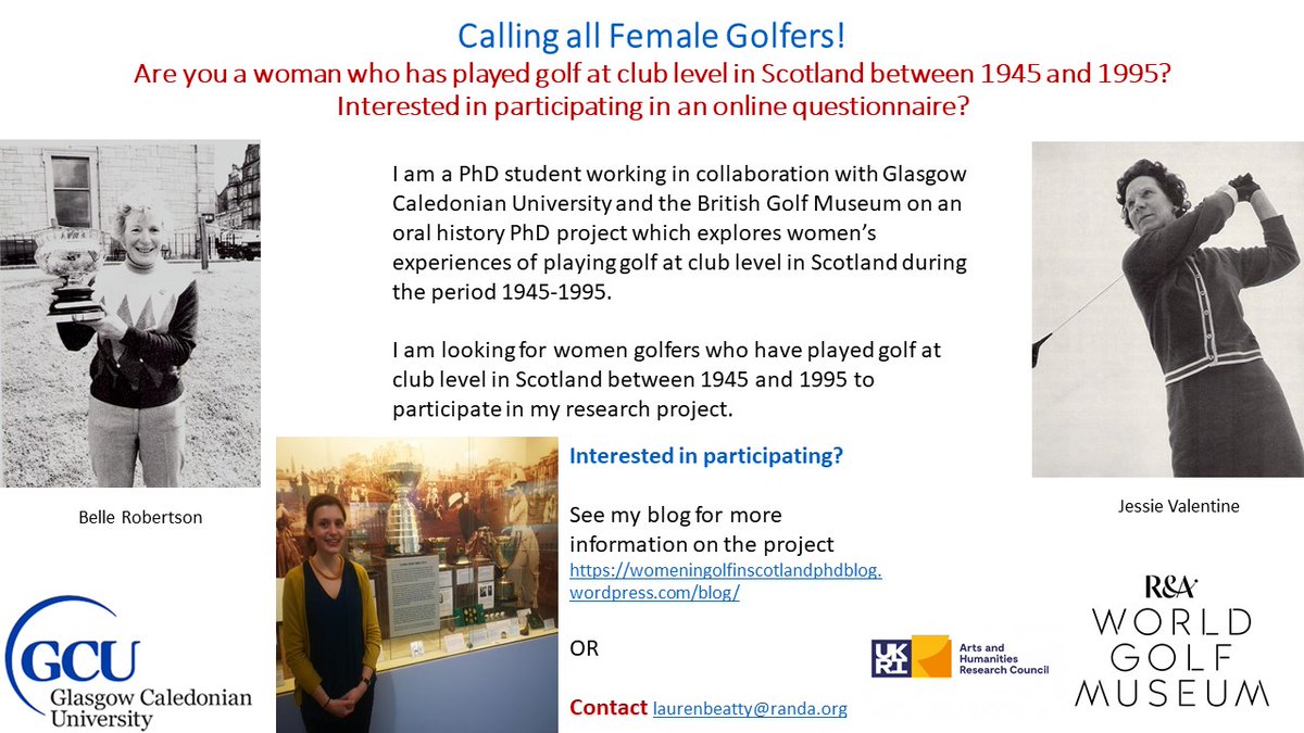 LaurenBeatty93's tweet photo. I am still looking for women who have played golf at club level in Scotland c.1945-1995 to complete my short research questionnaire about their golfing experiences. Please share! Find the questionnaire here https://t.co/IOV0dCTguX https://t.co/m57E4DAwD0