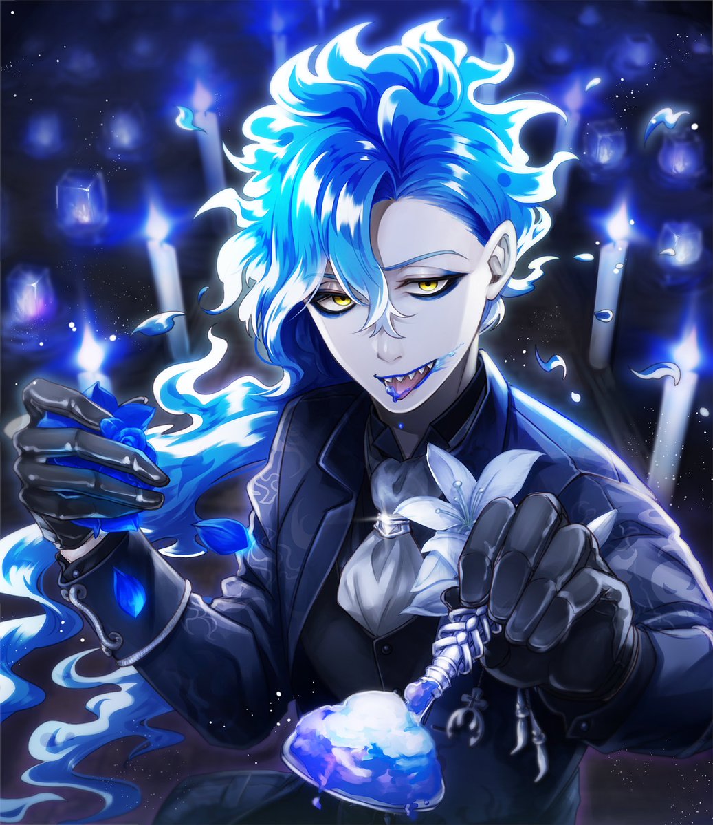 male focus 1boy blue hair yellow eyes solo fiery hair tongue  illustration images
