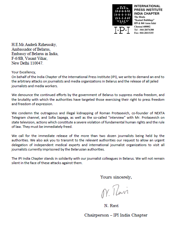 globalfreemedia's tweet photo. 🇮🇳🇧🇾 Today, the chair of IPI's #India National Committee wrote to the Belarusian Embassy in New Delhi to demand the release of jailed journalists in #Belarus and an end to the media crackdown.

More global solidarity to #FreeBelarusianMedia #IPIGlobalNetwork https://t.co/4r7SUHP4KM