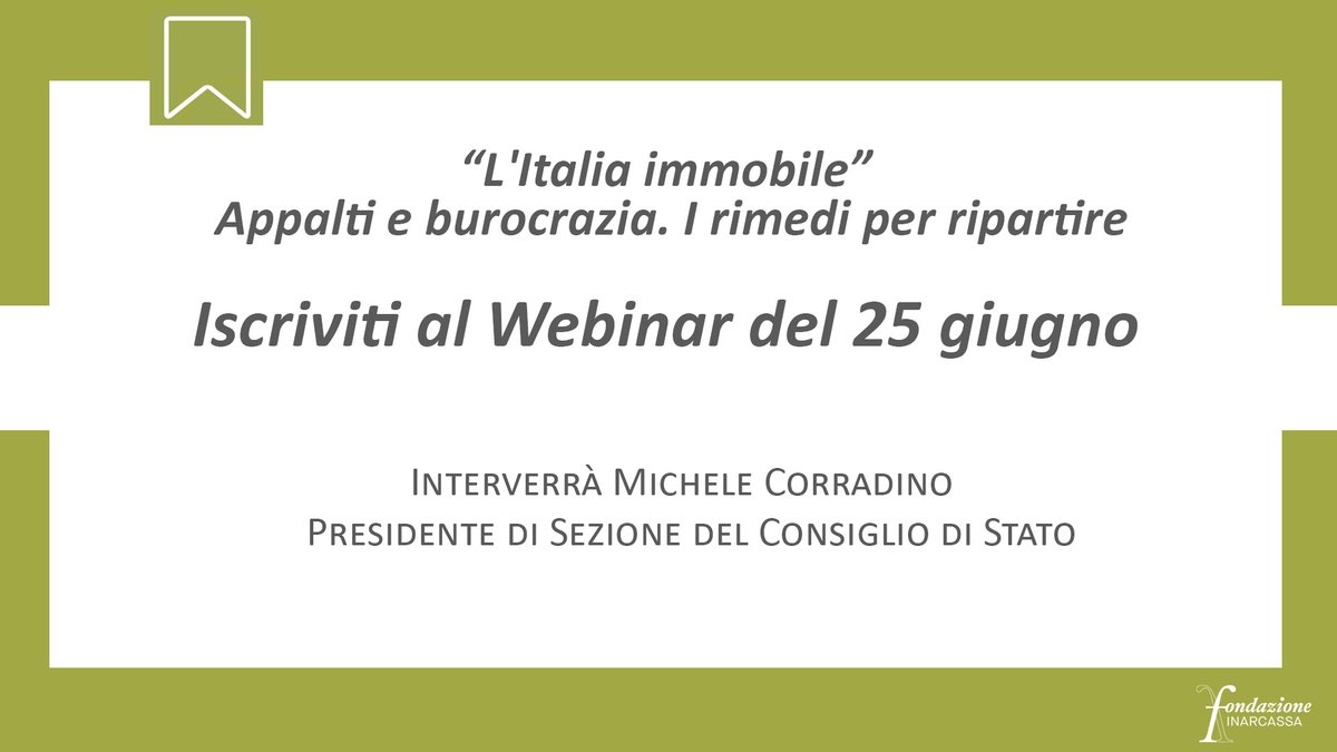 Domani sarà possibile seguire sui nostri canali il webinar “L'Italia immobile". Appalti e burocrazia. I rimedi per ripartire”. Lo speak sarà tenuto da relatori di assoluto livello quali <a href="/mcorradino/">Michele Corradino</a>. Nell’apertura dei lavori i saluti <a href="/FrancoFietta/">Franco Fietta</a>  bit.ly/3zVM7sM