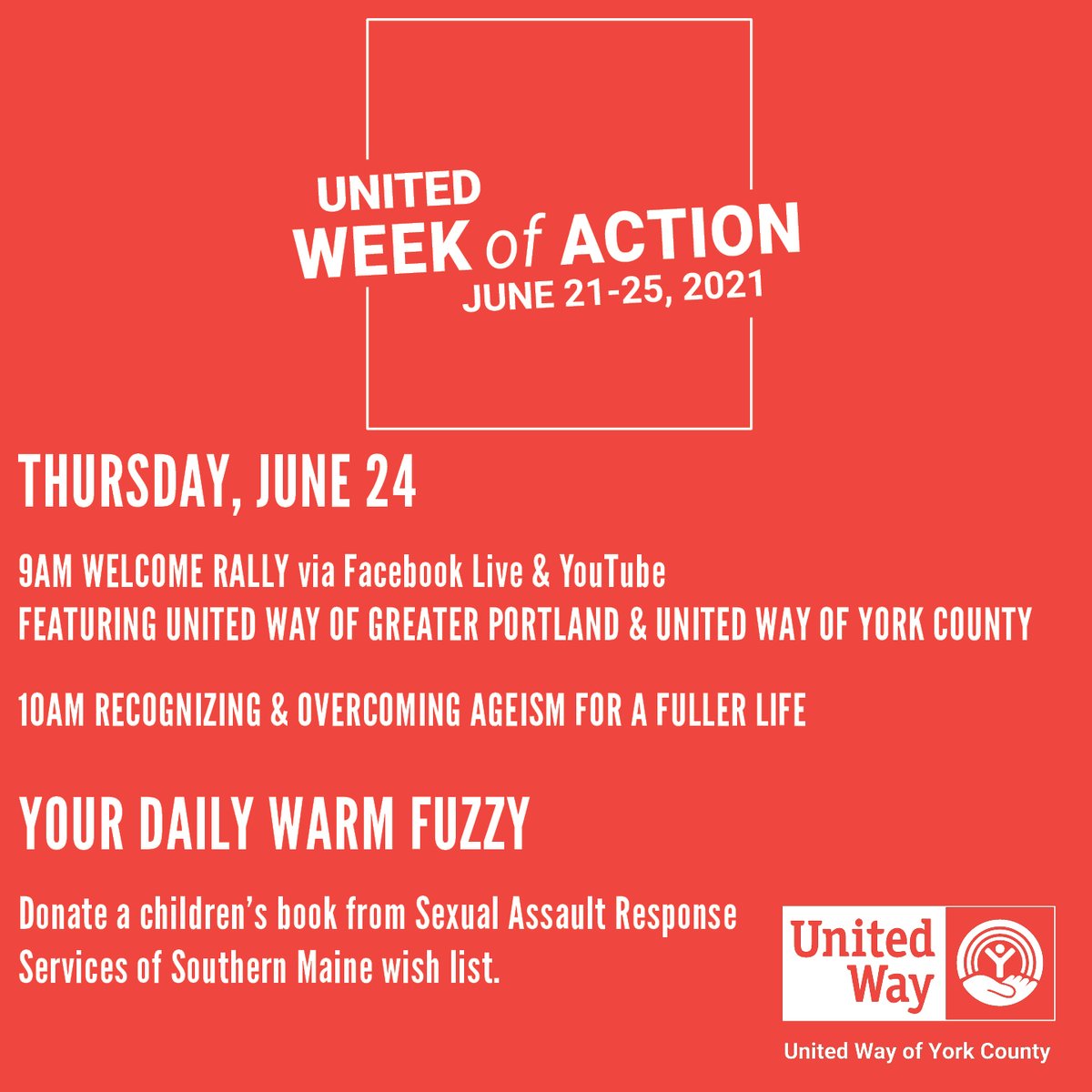 Day 4 of #WeekofAction! We're hosting the daily Facebook Live welcome rally at 9:00 am. The warm fuzzy of the day is to donate a book from <a href="/SARSSMinfo/">SARSSM</a>'s wish list (amzn.to/3A1D9dR). 

See all of the activities around the state at unitedwaysofmaine.org/week-of-action/.