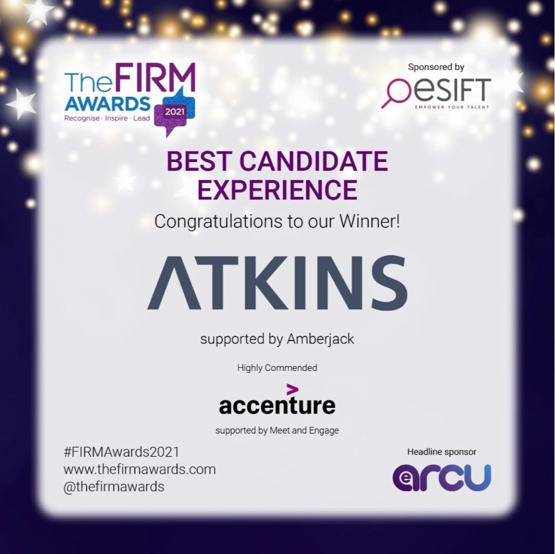 SeanAtkinsEC's tweet photo. We're so delighted to have won Best Candidate Experience at @TheFIRMrecruits Awards 2021! 🙌✨

#InGreatCompany #AuthenticallyAtkins https://t.co/fvNc0Qryrk