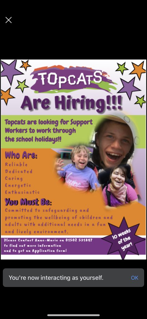 Topcats2016's tweet image. 📣Topcats are still looking for Support Workers!

⭐We are especially interested in hearing from those who are interested in working in the holidays!!⭐

➡Plz contact Anne-Marie on 01502 531897 for a chat and to get an application form!

💜We look forward to hearing from you!💜