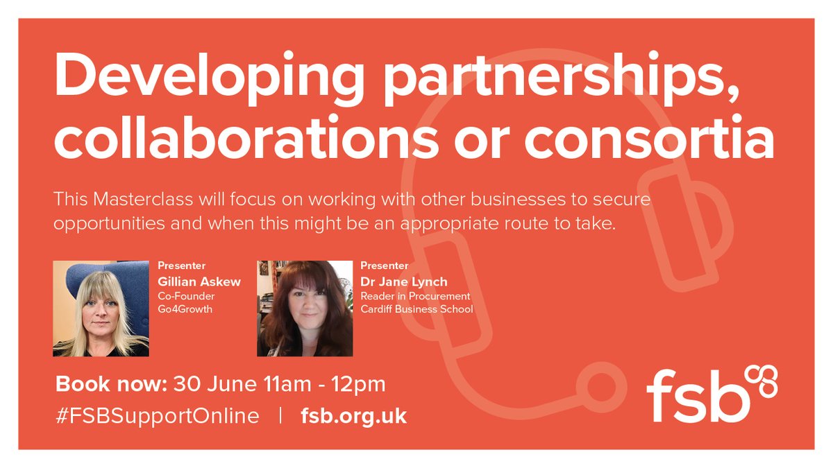 MASTERCLASS👩‍💻👨‍💻

Developing partnerships, collaborations or consortia
Wed 30 June, 11am - 12pm

This Masterclass will focus on working with other businesses to secure opportunities and when this might be an appropriate route to take. 

Book 📅fsb.org.uk/event-calendar…

<a href="/FSB_Wales/">Wales FSB Cymru</a>