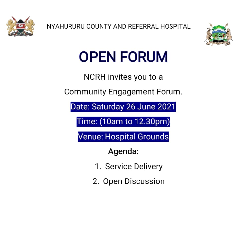 HospitalNcrh's tweet photo. Join us on Saturday 26th we talk about our hospital. The open forum will be at 10AM to 12:30PM. We evaluate where we're, we reimagine where we want to be, areas of improvement &amp; exchange ideas on how to even better our services. Tell a friend, to tell a friend. @LaikipiaCountyG https://t.co/brDHg83L3E