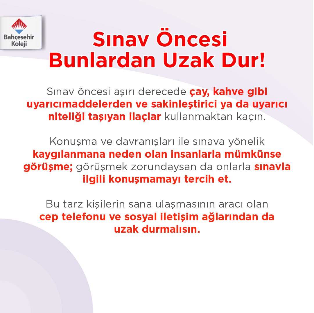 📝 #YKSİçinÖneriler Sınav Öncesi Bunlardan Uzak Dur! ✋🏻

#bahçeşehirkoleji
#KAREM
#YKS2021