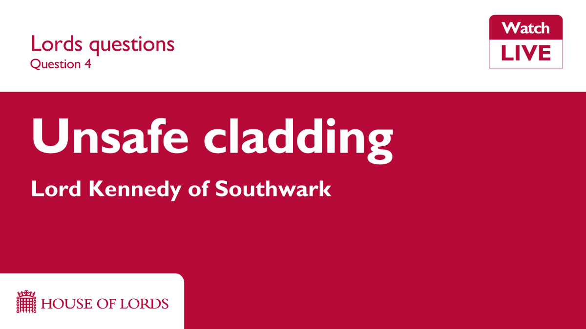 UKHouseofLords's tweet photo. @CatharineHoey @GreenJennyJones Unsafe #cladding in #LordsQs: @LordRoyKennedy pushes government on protection for homeowners from further costs, watch live https://t.co/Z9y97TzUqG https://t.co/cC7JumfhwS
