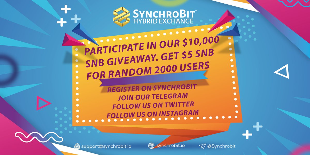SynchroBit is giving away a total $10,000 SNB! 🎉

1. Register here - synchrobit.io/register
2. Join our Telegram -  t.me/Synchrobit
3. Follow us
4. Retweet this post &amp; Tag 3 Friends 
5. Follow us on Instagram - instagram.com/synchrobit.off…

Fill Form: forms.gle/nG13JD1gLt7ARj…