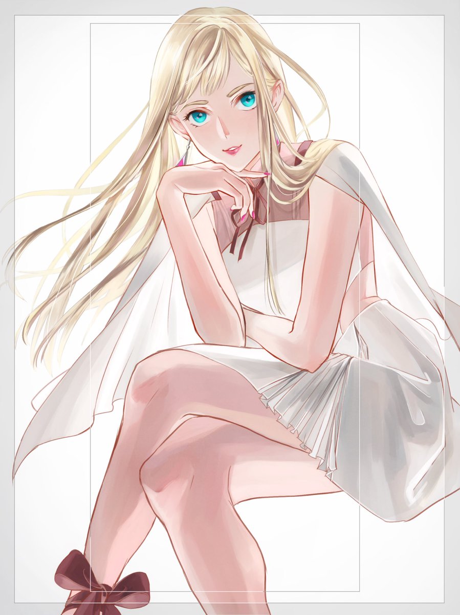 triangle earrings 1girl white capelet solo blonde hair long hair dress  illustration images