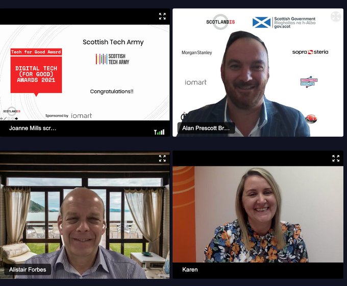 ScotTechArmy's tweet photo. Delighted to receive the @scotlandis #DigitalTech2021 #techforgood award yesterday! Thanks to ScotlandIS, @iomart and the judges for recognising the great work of our volunteers and partners as we build the Scottish Tech for Good ecosystem. Watch here: https://t.co/9WNaLijD6z https://t.co/cm7uLDiIv7