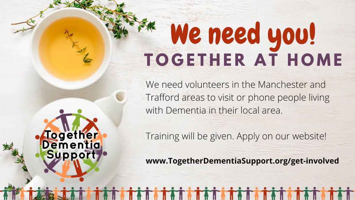📢WE'RE RECRUITING!📢 We need volunteers in #Manchester or #Trafford to be matched with a person with Dementia to do some fun, social, creative and cognitive activities with them each week togetherdementiasupport.org/get-involved #volunteering #dementia #community