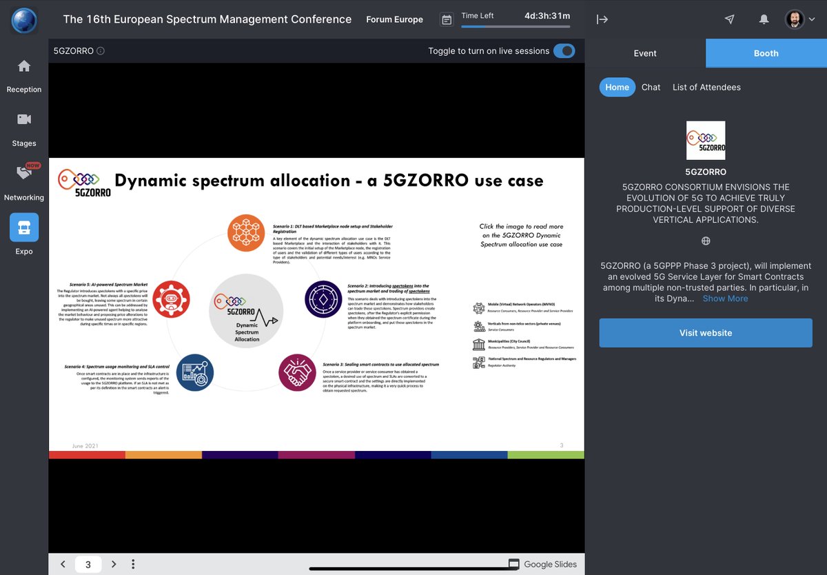 5Gzorro's tweet image. #5GZORRO at 16th EU Spectrum Mngm Conference 23-25 June #EUSpectrum great interact. in event’s chat with attendees, promoting 5GZORRO’s approach to #DynamicSpectrum sharing during relevant discussions with a number of one-to-one sessions at our Virtual Booth!
@5GPPP @DigitalEU