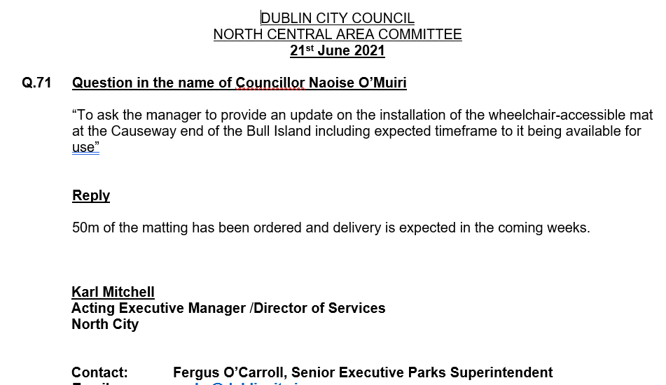 Update on the wheelchair-accessible mat for the Causeway end of Dollymount Strand: