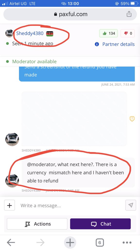PaxfulScammers's tweet photo. Another @paxful SCAMMER from KENYA. He doesn’t release BTC or refund after being paid. Avoid him. https://t.co/v7KxercBVt