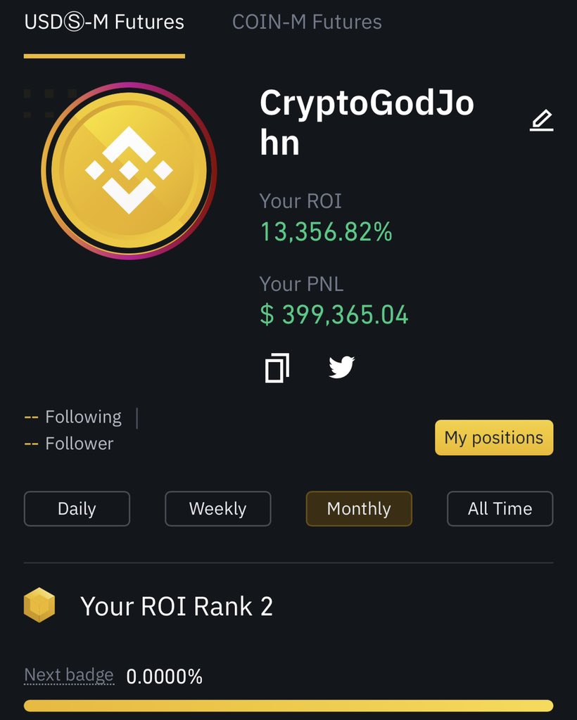 CryptoGodJohn's tweet photo. Currently ranked #2 on Binance ROI for the month. 

Lets go 🔥👑 https://t.co/y7OBirfYQH