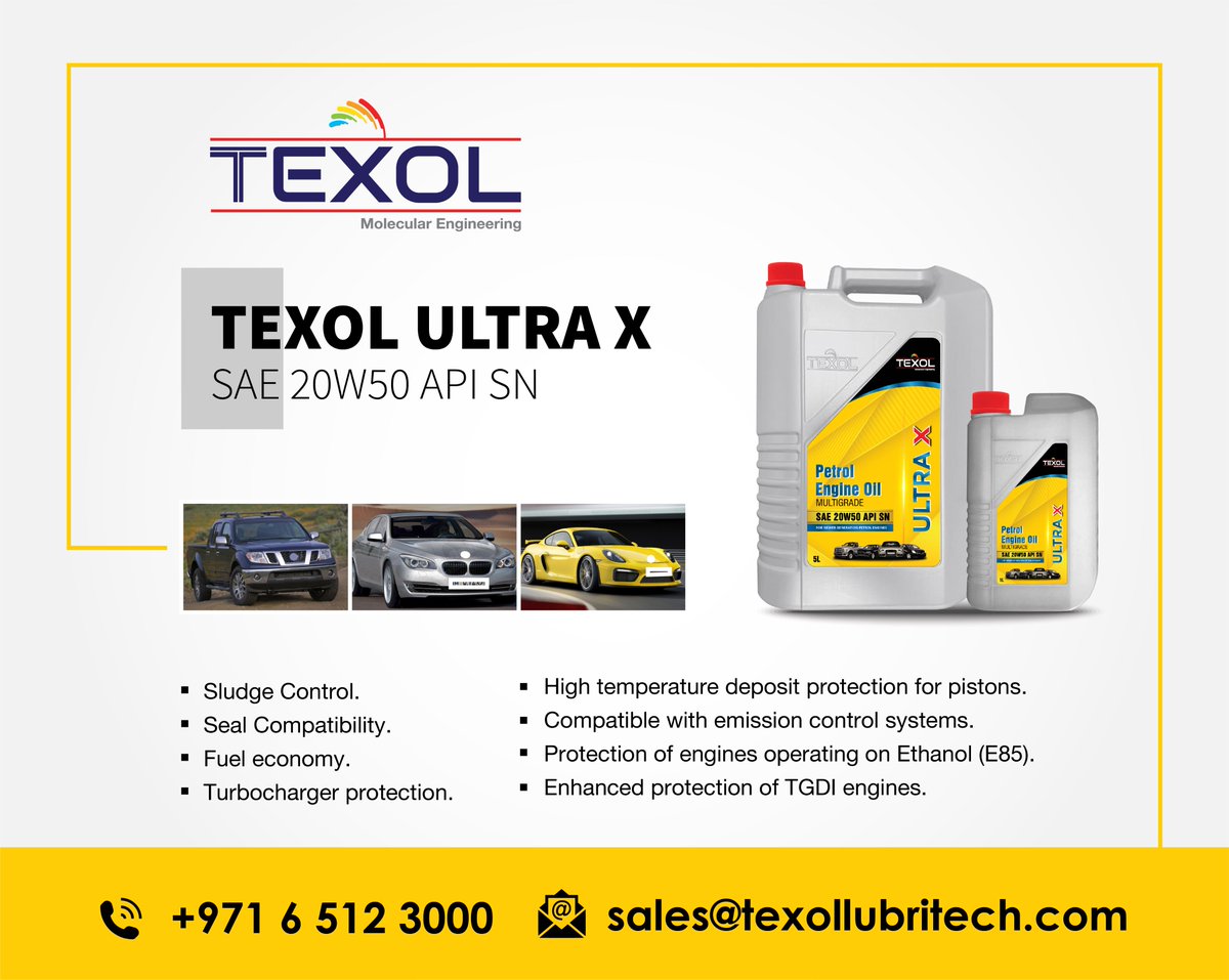 Texol® Ultra X SAE 20W50 API SN is an engine oil designed for use in modern gasoline engines, passenger cars, SUVs, vans, and light trucks. #automotiveoilandlubricants #engineoil #AutomotiveLubricants #petroengineoil