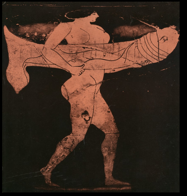 BitterSappho's tweet photo. Utterly obsessed with this 2500 year old painting of a beefy woman carrying a gigantic penis. Who IS she?? I love her. https://t.co/UbJagpdOQW