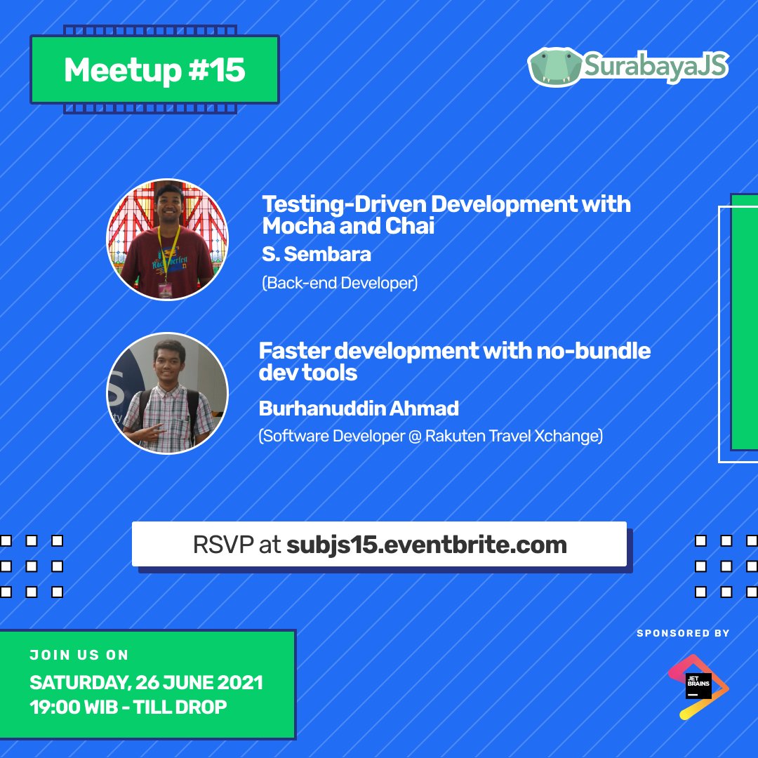 Meetup Surabayajs #15 

Informasi lengkap meetup:
Hari dan Tanggal : Sabtu, 26 juni 2021
Pukul : 19.00 WIB - Selesai

Materi akan disampaikan oleh :
@ssembara99 <a href="/BurhannAhm/">burhan</a> 

Live via youtube
youtube.com/watch?v=_obWkD…