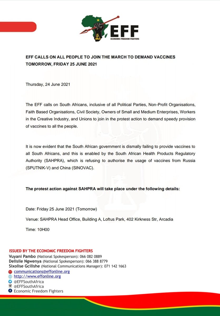 EFFSouthAfrica's tweet photo. EFF Calls On All People To Join The March To Demand Vaccines Tomorrow, Friday 25 June 2021 https://t.co/7HPRi5RTz1