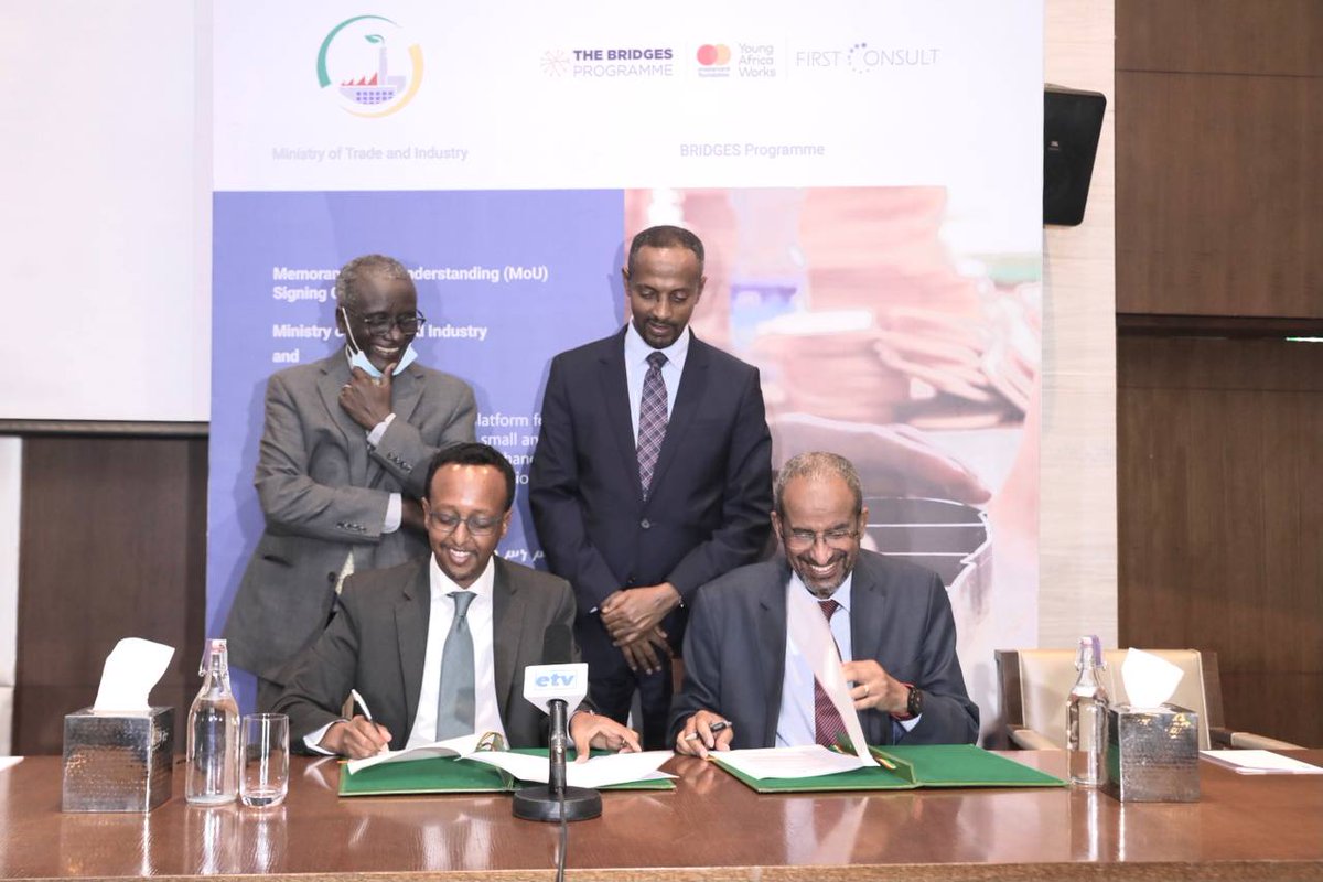 BridgesEthiopia's tweet photo. @BridgesEthiopia, a @MastercardFdn supported programme implemented by @FirstConsultEth, signed a Memorandum of Understanding with the Ministry of Trade and Industry for a strategic partnership to create jobs for young people &amp; enhance the competitiveness of Ethiopia's industries. https://t.co/ZJGwmeRMGp