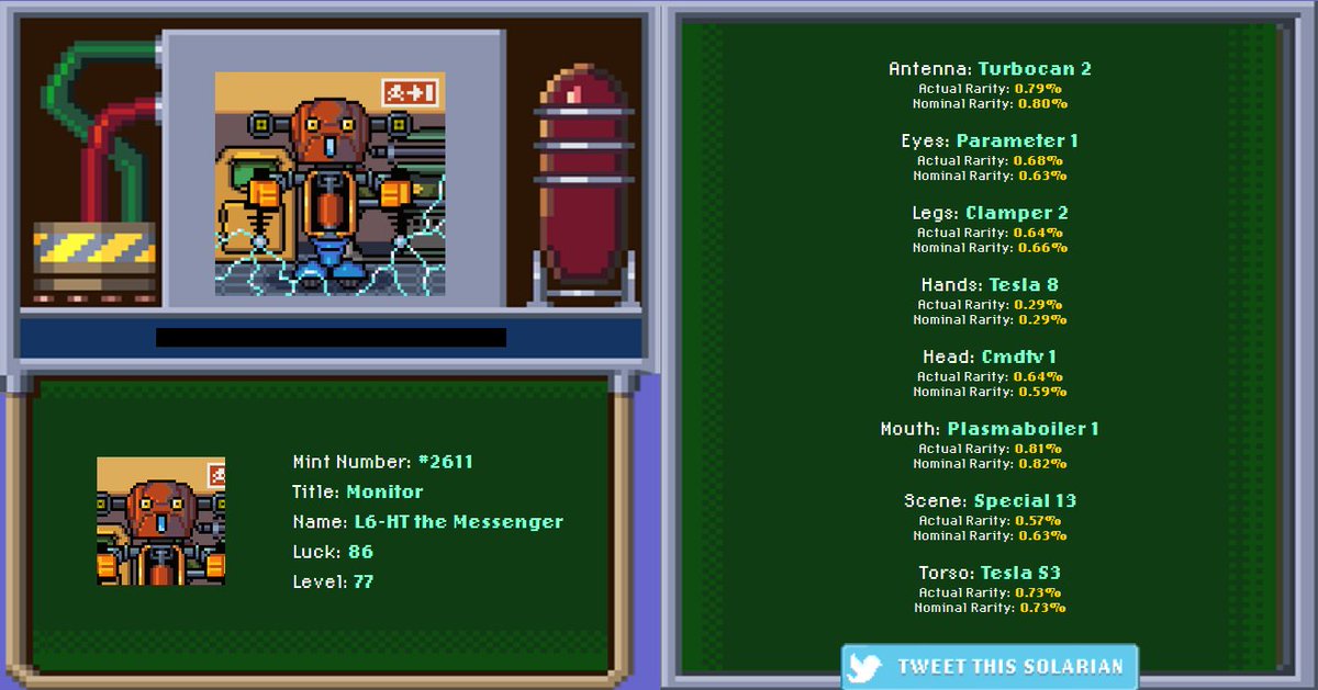 PERKEL15's tweet photo. solarian mint #2611
Title: Monitor
Luck: 86
Level: 77
other atributes on the pic. https://t.co/fAoKiukEpv
