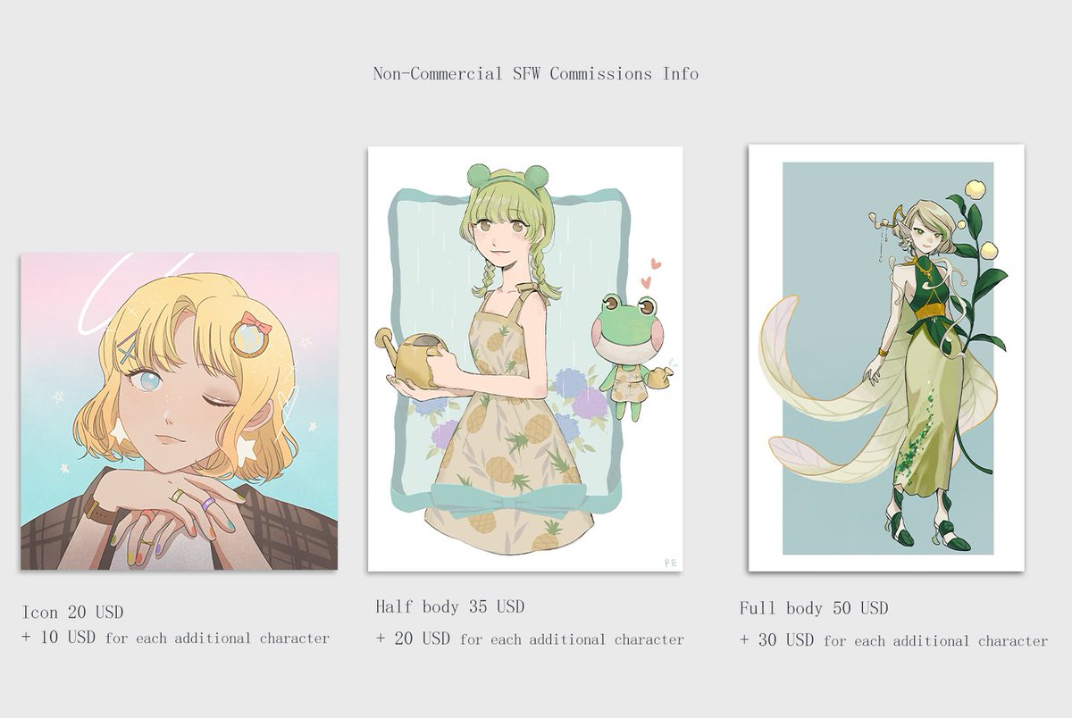 kim0222dr5's tweet photo. Hello everyone, here is my non-commercial commissions info. Please have a look if you’re interested in my art! You can e-mail me characters and details you wanna commission~ Thank you for your time!
✉️linp7289@gmail.com

中文版流程下收 https://t.co/J8naRTrhd9