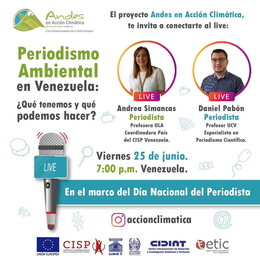 AClimatica's tweet image. Te invitamos a celebrar el Día del Periodista conectándote a live: "Periodismo Ambiental en Venezuela: ¿Qué tenemos y qué podemos hacer?". La cita es este viernes 25 de junio a las 7:00 p.m. a través de nuestra cuenta de Instagram @accionclimatica