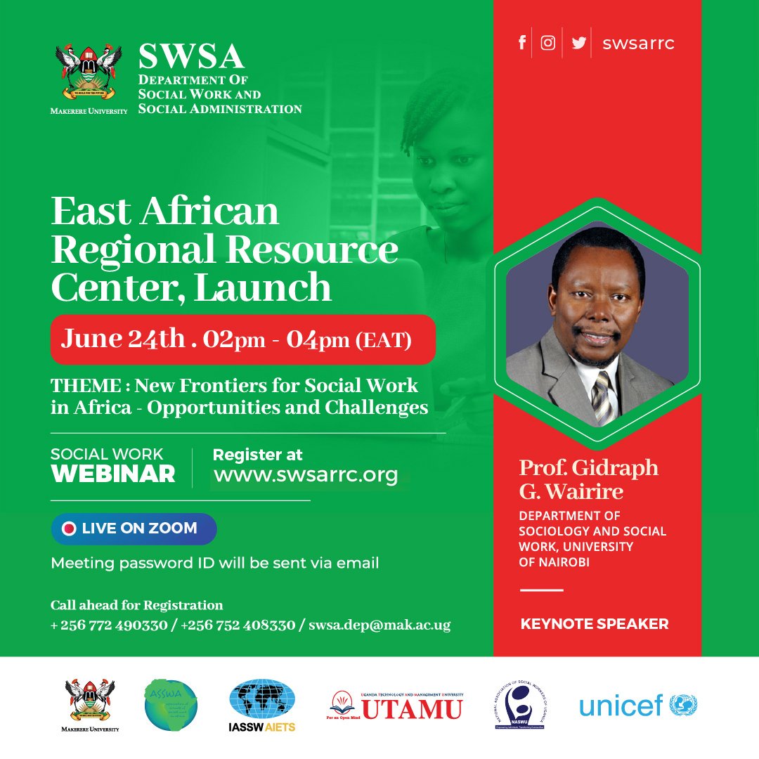 easwrcc's tweet image. Introducing our Key Note Speaker: Prof. Gidraph G. Wairire from @uonbi presenting on the theme: New Frontiers for Social Work in Africa; Opportunities and Challenges.

#EASWRRC Virtual launch happening now.

Watch from our website- swsarrc.org