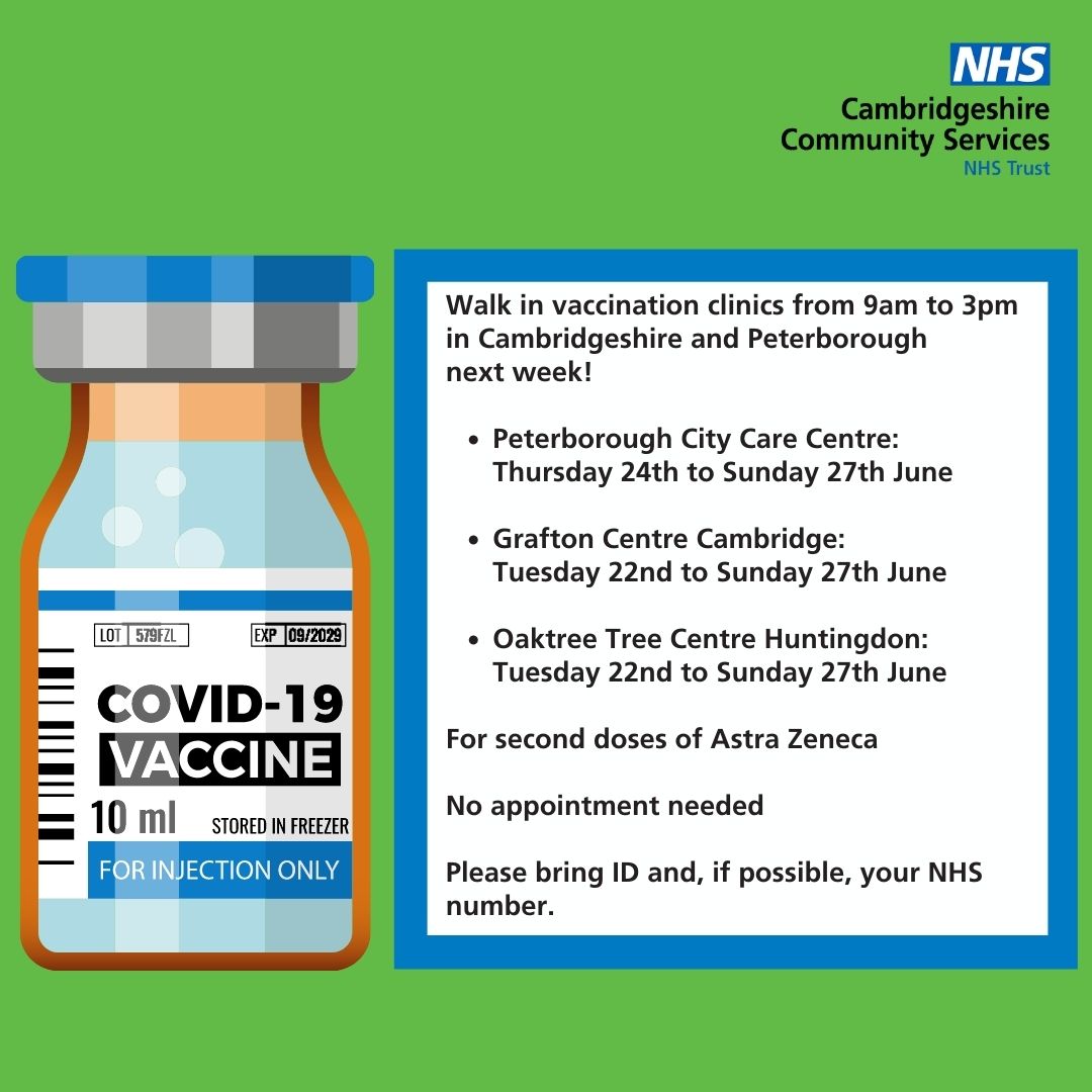 Walk-in vaccinations available all this week at he Oaktree Centre in Huntingdon!

Aged 40 or over? Have your 2nd AstraZeneca jab 8 weeks after your 1st at a walk-in clinic.