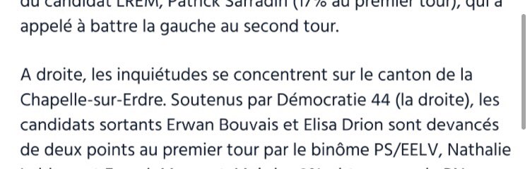 Article sur les #departamentales2021 en <a href="/loireatlantique/">Loire-Atlantique</a> à retrouver dans <a href="/MediacitesNtes/">Mediacités Nantes</a> : mediacites.fr/breve/nantes/2…
« Les inquiétudes de la droite se concentrent sur le canton de La Chapelle-sur-Erdre ». 
Dimanche, faites gagner les candidat.e.s <a href="/44aGauche2021/">Loire-Atlantique à Gauche 2021</a> du canton!