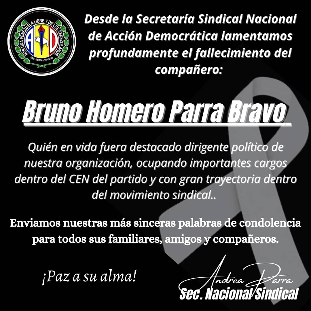 Desde la Secretaría Sindical Nacional de <a href="/ADemocratica/">Acción Democrática</a> lamentamos el fallecimiento del compañero y dirigente sindical destacado de nuestro glorioso partido, Descanse en paz compañero.
