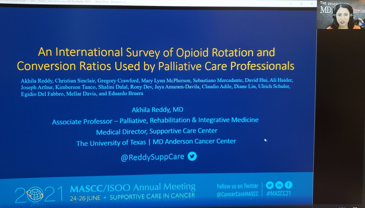 Check out our <a href="/CancerCareMASCC/">MASCC</a> Cancer Pain subgroup &amp; <a href="/MDAndersonNews/">MD Anderson Cancer Center</a> abstract. We found wide variation in opioid rotation ratios used world wide w significant impact on opioid doses and pain mgmt. 370 responses 53 countries! What ratios do you use? #mascc21 #hapc #hpm #pallonc