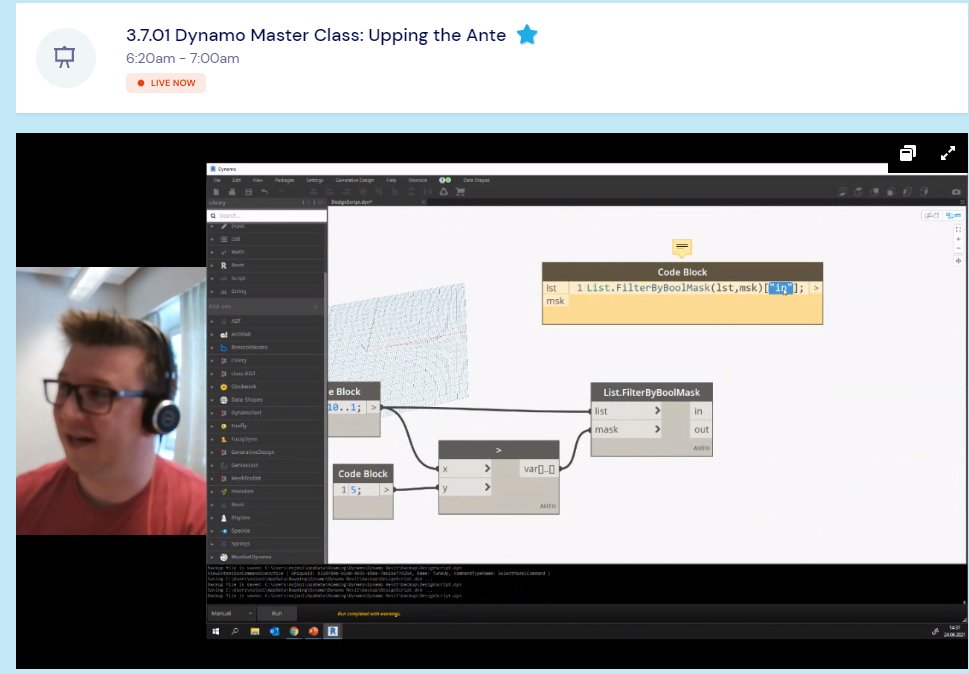 johntpierson's tweet photo. Learning new things about FilterByBoolMask from @Jos_ols at #BiLTVirtual 2021! (this tip was: Access just the in output port in DesignScript 🤯) #DynamoBIM https://t.co/sewAqbhDVd