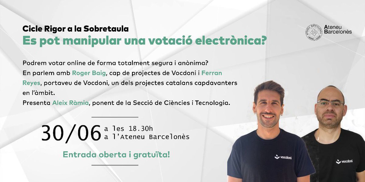 Aquest dimecres dia 30 en <a href="/RogerBaig/">Roger Baig Viñas</a> i <a href="/ferranrego/">Ferran Reyes</a> detallaran, a l'<a href="/ateneubcn/">Ateneu Barcelonès</a>, tots els secrets, riscos i oportunitats del vot digital, trencaran els mites i explicaran el nou paradigma de vot digital desenvolupat per Vocdoni.

No t'ho perdis! 👇
ateneubcn.org/agenda/es-pot-…