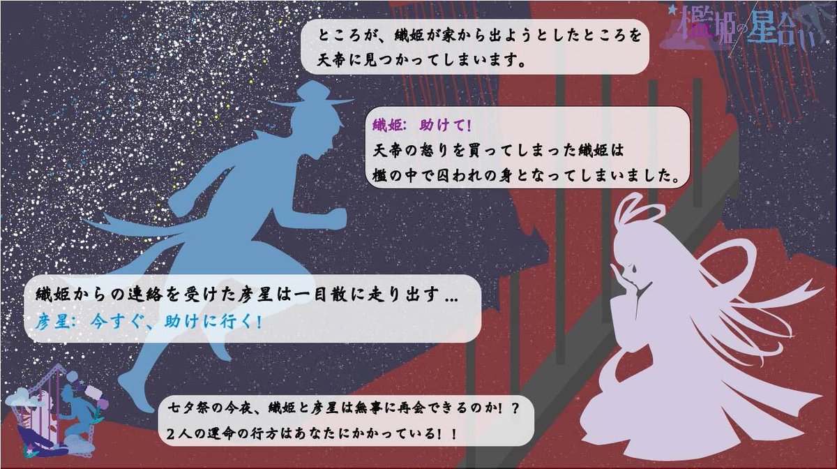 ট ইট র 七夕祭実行委員会 檻姫の星合い ストーリー紹介2 織姫が彦星と会おうとしているところを天帝 織姫の父親 に見つかっちゃった 天帝は大いに怒り 来年の七夕までの監禁を織姫に言い渡しました Sfc七夕祭 融合型文化祭 おりほし