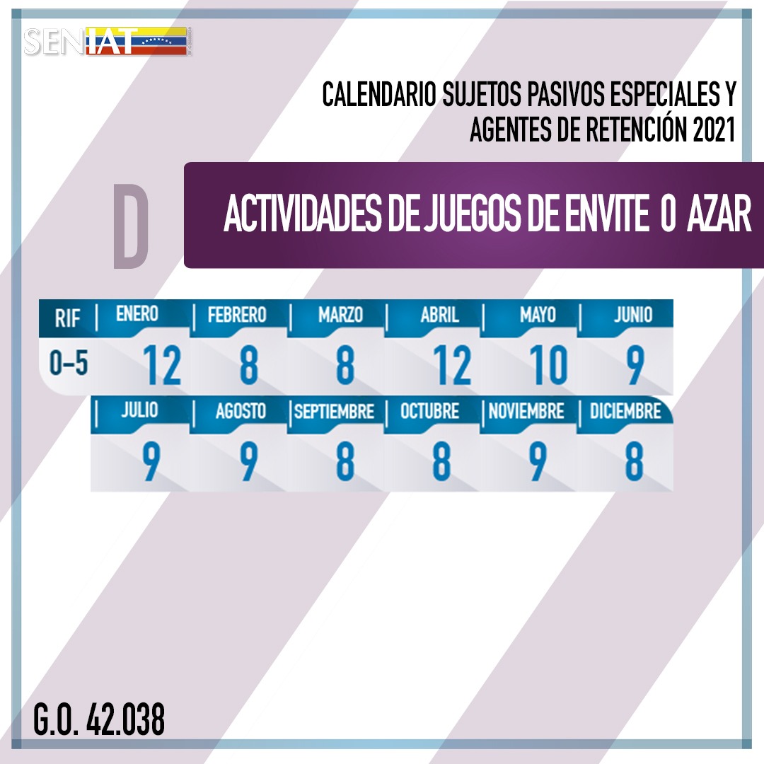 SENIAT_Oficial's tweet photo. NUEVO CALENDARIO DE SUJETOS PASIVOS ESPECIALES Y AGENTES DE RETENCIÓN PARA EL AÑO 20
21 https://t.co/OCV4EzLRoS