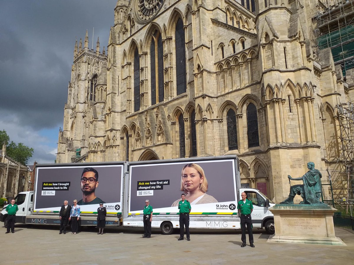 stjohnambulance's tweet photo. Last week, our #AskMe ad vans went on tour, visiting communities across England that our volunteers regularly support. Here they are in front of York Cathedral 💚 #StJohnsDay2021 #AskMe https://t.co/M7bwOSO1kK