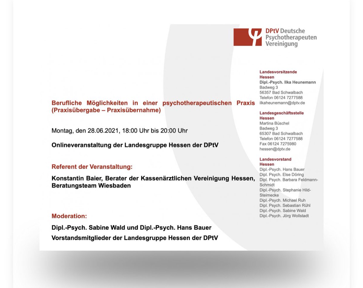 Berufliche Möglichkeiten in einer psychotherapeutischen Praxis - Jetzt anmelden: hessen@dptv.de #Kammerwahl2021 #Hessen Bitte Stimmen Sie mit 2 Stimmen für #Wahlliste 7 #DPtV - #praxisorientiert - #verfahrensübergreifend - #StarkInJedemKontext mehr Infos: dptv-hessenkammerwahl-2021.de