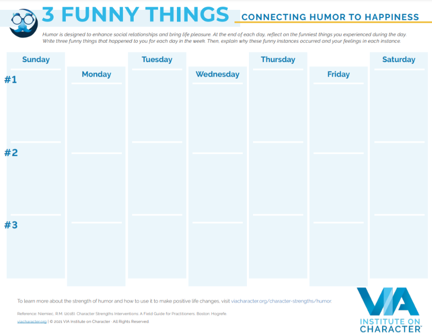 VIAstrengths's tweet photo. Our 3 Funny Things activity helps connect humor to happiness. Record your funny happenings for the week and reap benefits such as decreasing social anxiety. Download this FREE resource: https://t.co/JyqjUMLTpt https://t.co/R7xOR6vL2R