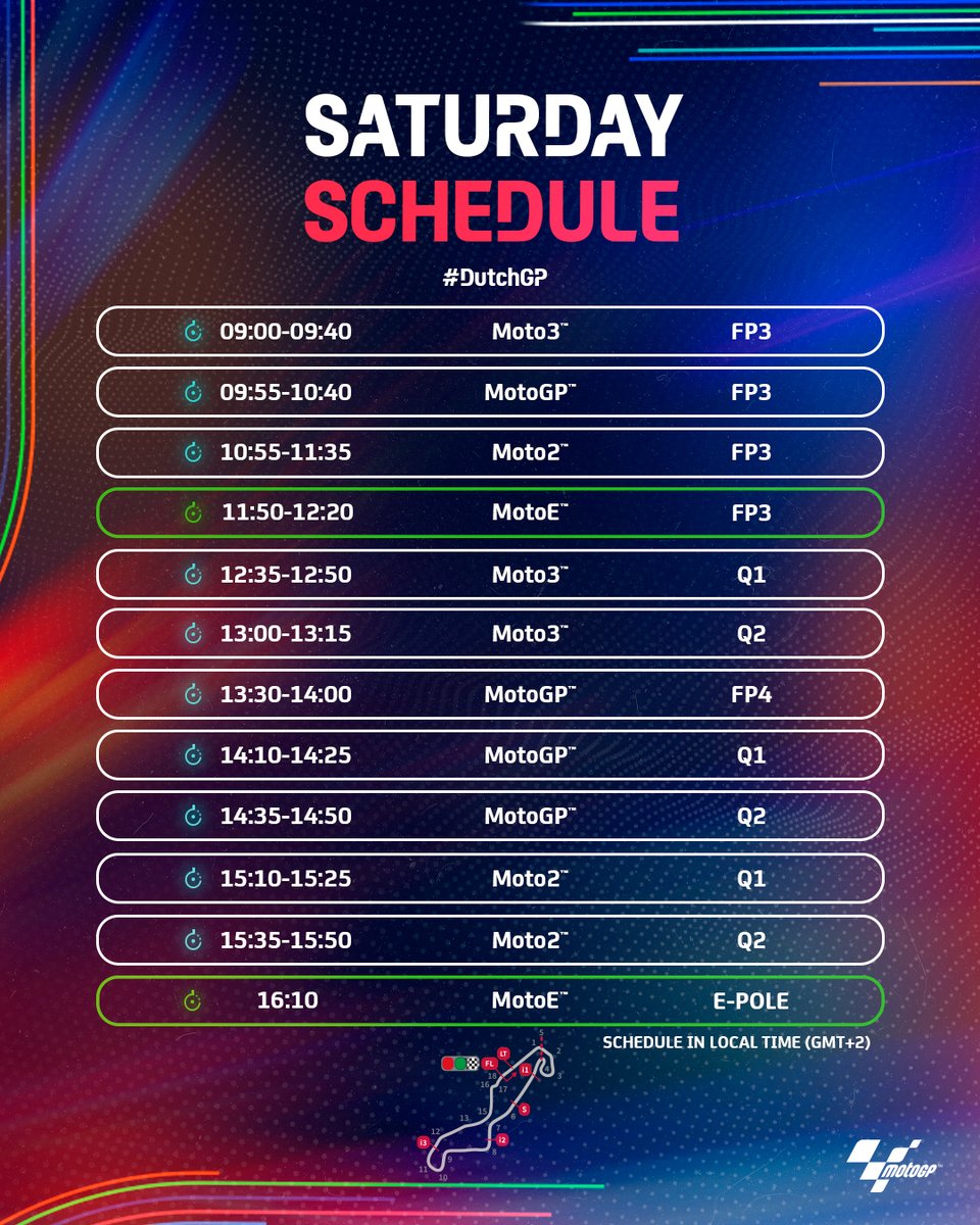 MotoGP's tweet photo. Just a few hours of sleep 😴 until qualifying at the #DutchGP 🇳🇱 🙌

Here are all the times ⏰ you need to know 👀 https://t.co/dNOqHbXE9a