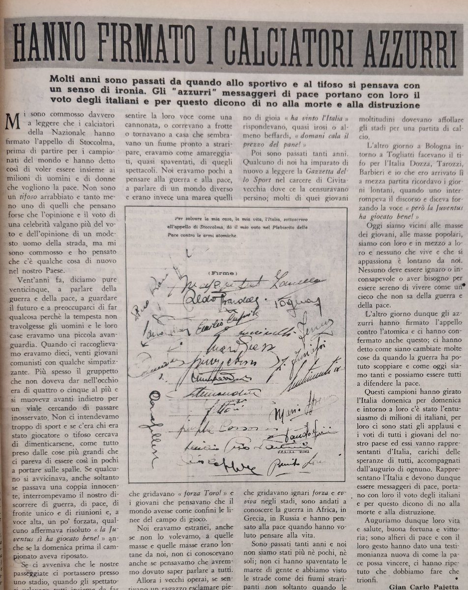FR2007venezia's tweet photo. A proposito degli #azzurri. Verso i #mondiali1950 gli azzurri firmano l'appello per la Pace di #stoccolma. Lo pubblicava il periodico #Pattuglia nel #1950. #100anniPCI #storia #EURO2020 @striscia_rossa @GramsciER @IveserVenezia @UispNazionale @pdnetwork @articoloUnoMDP @FondaDem https://t.co/UsCMpCKNnk
