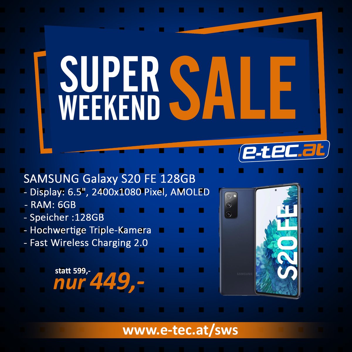 e-tec.at (@etecat) on Twitter photo Schnappe dir jetzt das Samsung Galaxy S20 FE 128GB📱 um €449,- statt €599,-😍 Nur beim Super Weekend Sale❗
➡️ e-tec.at/details.php?ar…
<a href="/SamsungMobile/">Samsung Mobile</a> <a href="/SamsungSchweiz/">Samsung Switzerland</a> <a href="/SamsungDE/">Samsung Deutschland</a> <a href="/SamsungDE/">Samsung Deutschland</a> <a href="/SamsungAT/">Samsung Österreich</a> <a href="/Samsung/">Samsung Electronics</a> #samsung #SamsungGalaxyS20FE #handy #SamsungGalaxyS20 #smartphone Schnappe dir jetzt das Samsung Galaxy S20 FE 128GB📱 um €449,- statt €599,-😍 Nur beim Super Weekend Sale❗
➡️ e-tec.at/details.php?ar…
<a href="/SamsungMobile/">Samsung Mobile</a> <a href="/SamsungSchweiz/">Samsung Switzerland</a> <a href="/SamsungDE/">Samsung Deutschland</a> <a href="/SamsungDE/">Samsung Deutschland</a> <a href="/SamsungAT/">Samsung Österreich</a> <a href="/Samsung/">Samsung Electronics</a> #samsung #SamsungGalaxyS20FE #handy #SamsungGalaxyS20 #smartphone