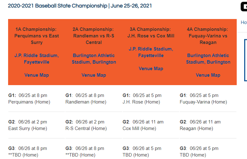 bhallwfmy's tweet photo. Site and game times for @NCHSAA Baseball Championship Series have been released. @WFMY @WFMYhss 
** @RhsBaseball336/@TigerNation_RHS  and @ReaganRaider/@RRHSAthletics  will play in Burlington while @ES_Athletics/@ES_Athletics is headed to play in Fayetteville https://t.co/AadDulbggf