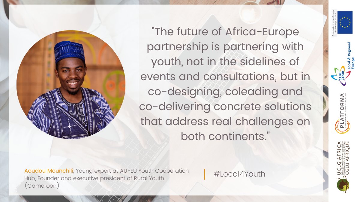 InclucitiesEU's tweet photo. "We moved the declaration from ideas to concrete actions. The hub is a laboratory testing new approaches, with youth at the core as the main drivers EU-Africa relations."

🗨️Aoudou Mounchili, Young expert @AUEUYouthHub 

#Local4Youth https://t.co/DQP7RBz7As