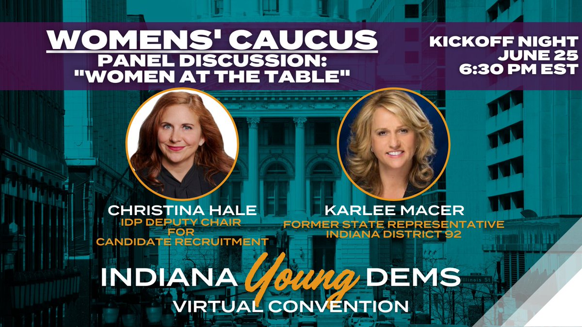 .<a href="/IYDWomen/">Indiana Young Democrats Women's Caucus</a> is excited to announce the "Women at the Table" event with <a href="/KarleeMacer/">Karlee Macer</a> and <a href="/HaleIndy/">Christina Hale</a> during the kickoff night of #IYDConvention2021 🎉 You want want to miss this!

Sign up to attend the convention ➡️ indianayoungdem.org/convention