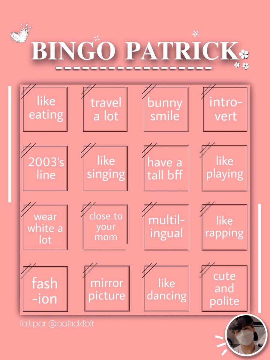 🌟 Joyeux 2 mois aux garçons !

Pour l'occasion j'ai préparé un petit Bingo Patrick. N'hésitez pas à retweeter ou à commenter avec vos réponses ! 😊

(french + english vers.)

#Patrick #INTO1Patrick #INTO1 #YinHaoYu #Patrick尹浩宇