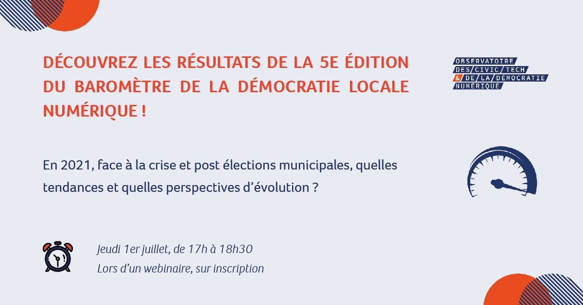 ⏰J-7 avant de découvrir les résultats de l'édition 2021 du Baromètre de la #démocratie locale #numérique... 👉docs.google.com/forms/d/e/1FAI…

#CollTerr, l'occasion pour vous de mieux comprendre les pratiques de vos pairs et de mieux envisager l'évolution des vôtres !