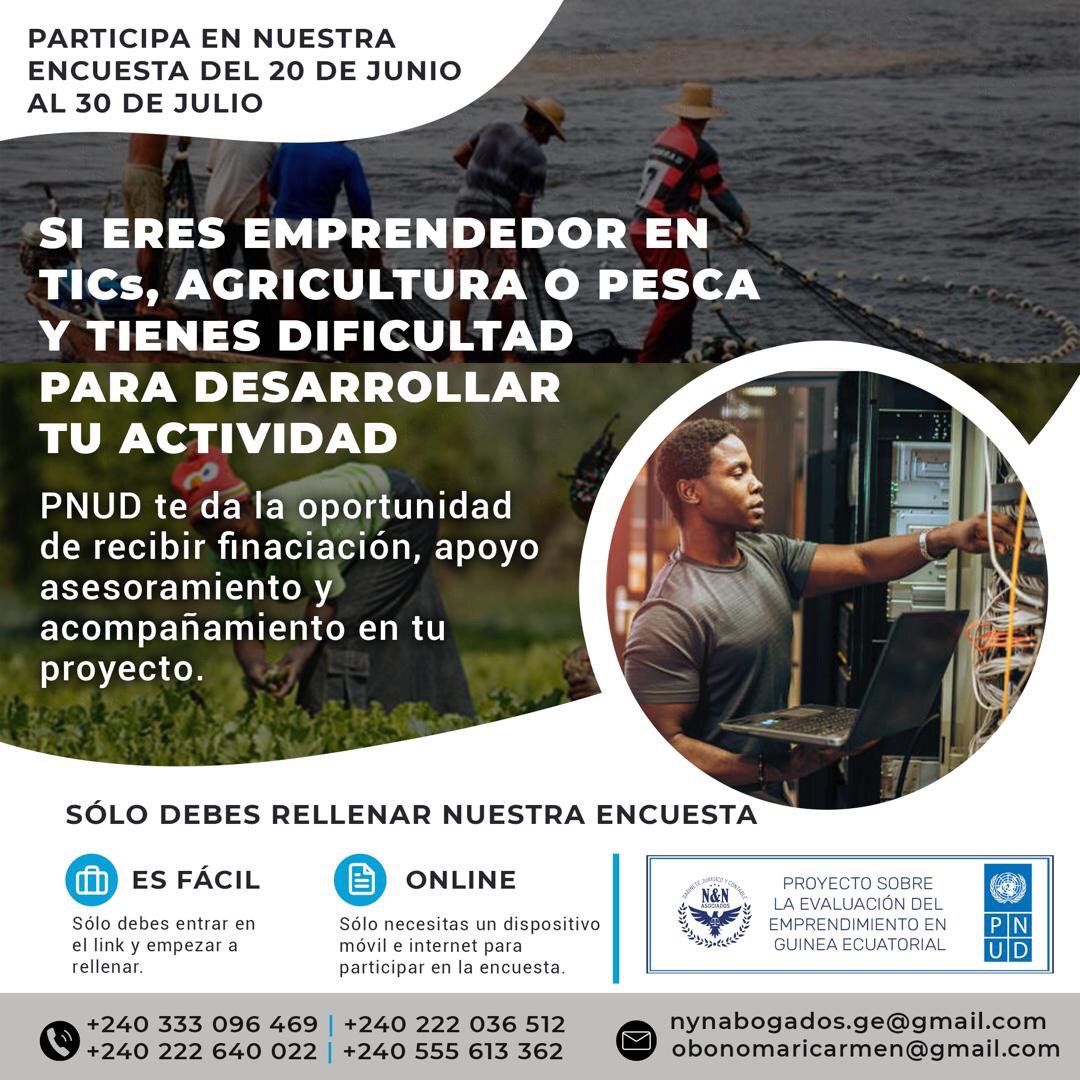 Los Ministerios de Trabajo, Agricultura, Comercio y Finanzas de G.E en alianza con el PNUD convocan a los emprendedores de las TIC en G.E tener la oportunidad de recibir asesoramiento sobre su proyecto: 20 de junio - 30 de julio de 2021.
 la encuesta forms.gle/eZKF3uAp26tvVC…