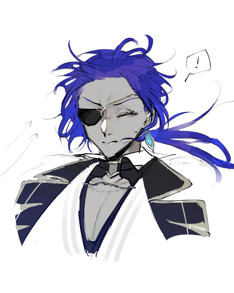 kaeya (genshin impact) 1boy male focus solo eyepatch blue hair long hair earrings  illustration images